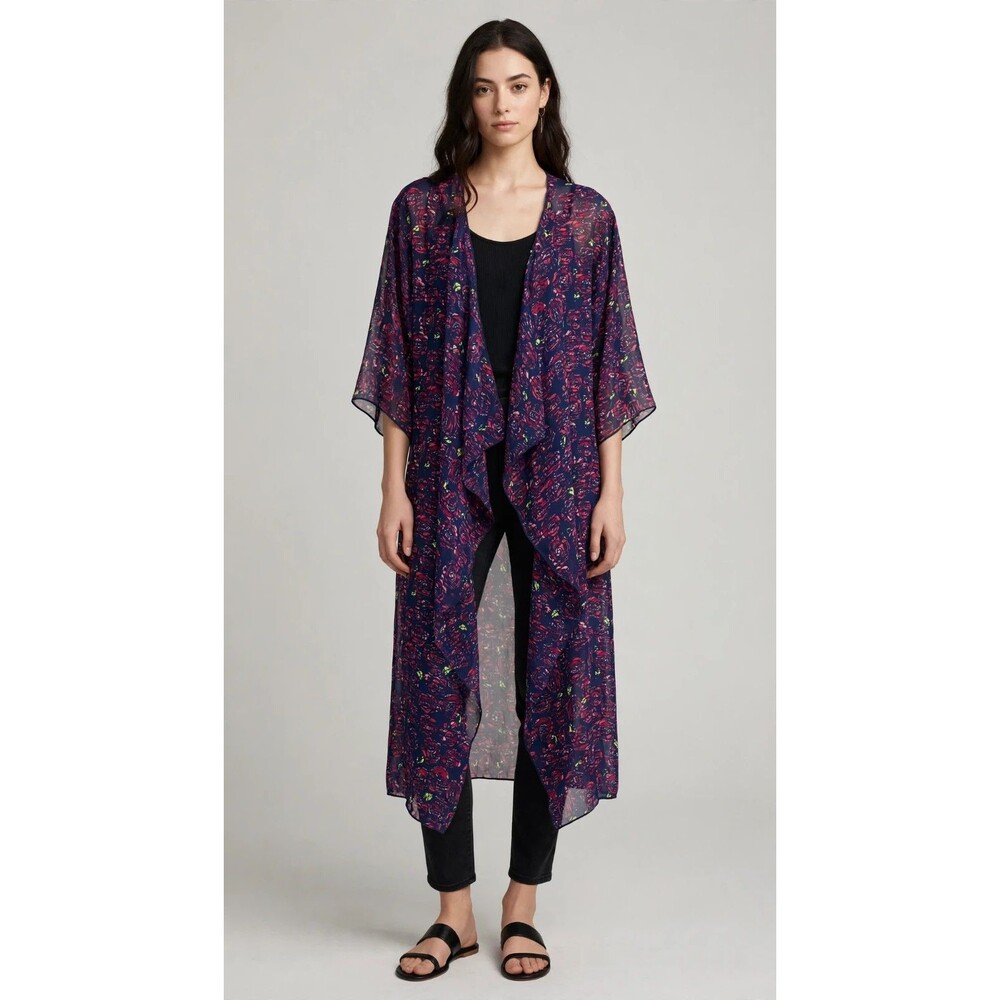 LuLaRoe Womens S Navy Blue Pink Floral Shirley Kimono Open Front Boho Cover Up